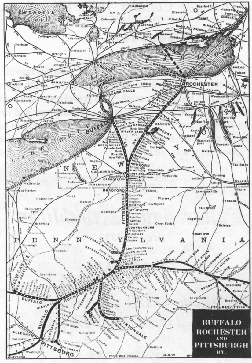 Map with collection of thick and thin lines and circles for lakes.