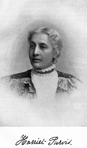 Image of a woman's head and shoulders with an old fashioned dress and the words "Harriet Purvis" below.