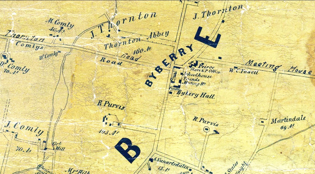 Map with lines denoting roads, driveways, and waterways and solid squares and rectangles for buildings.
