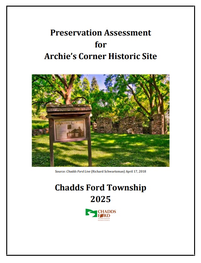 Report cover with single photograph in center of page and text "Preservation Assessment for Archie's Corner Historic Site".