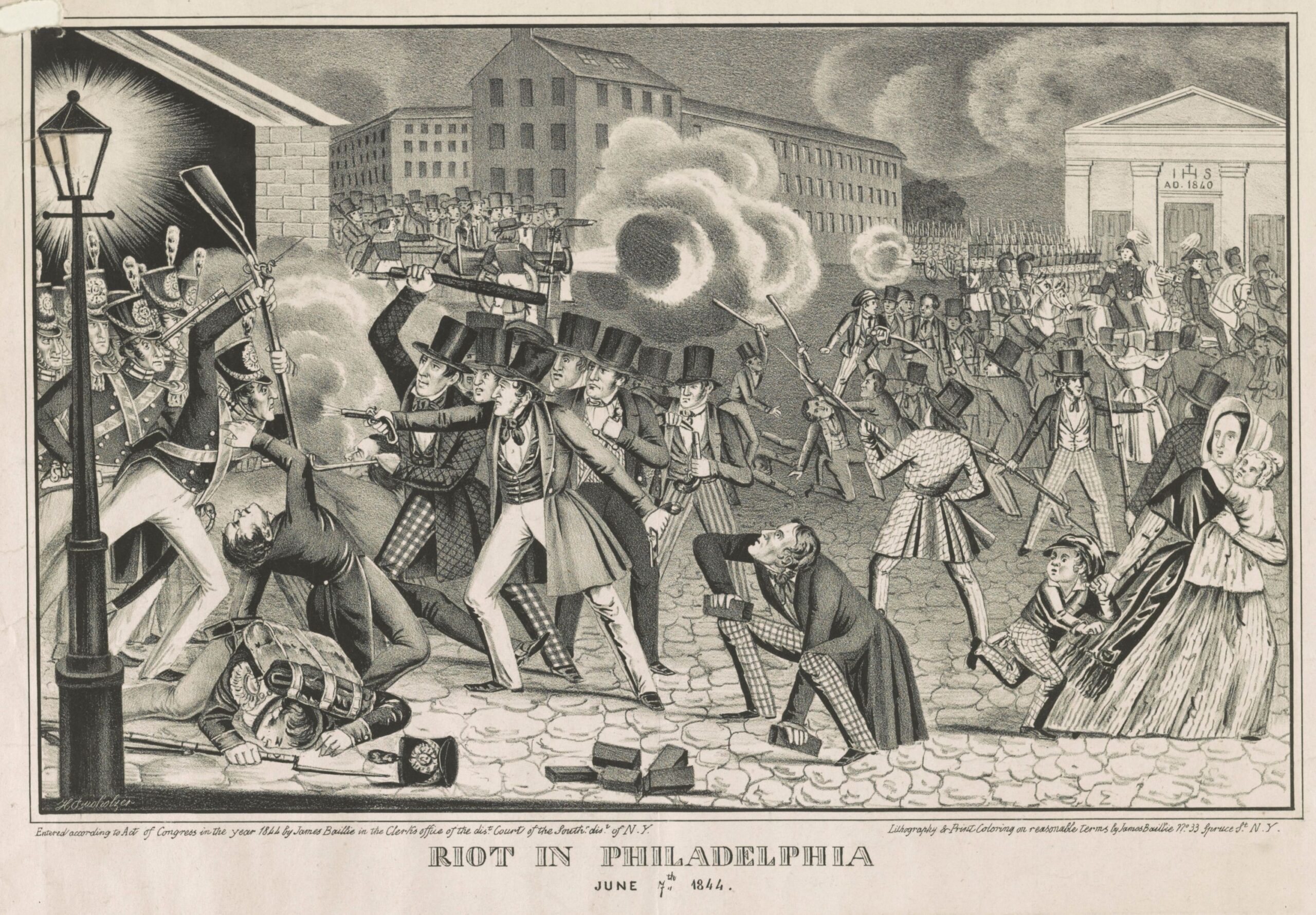 Drawing of a large group of people in 18th century clothing standing outside and fighting.