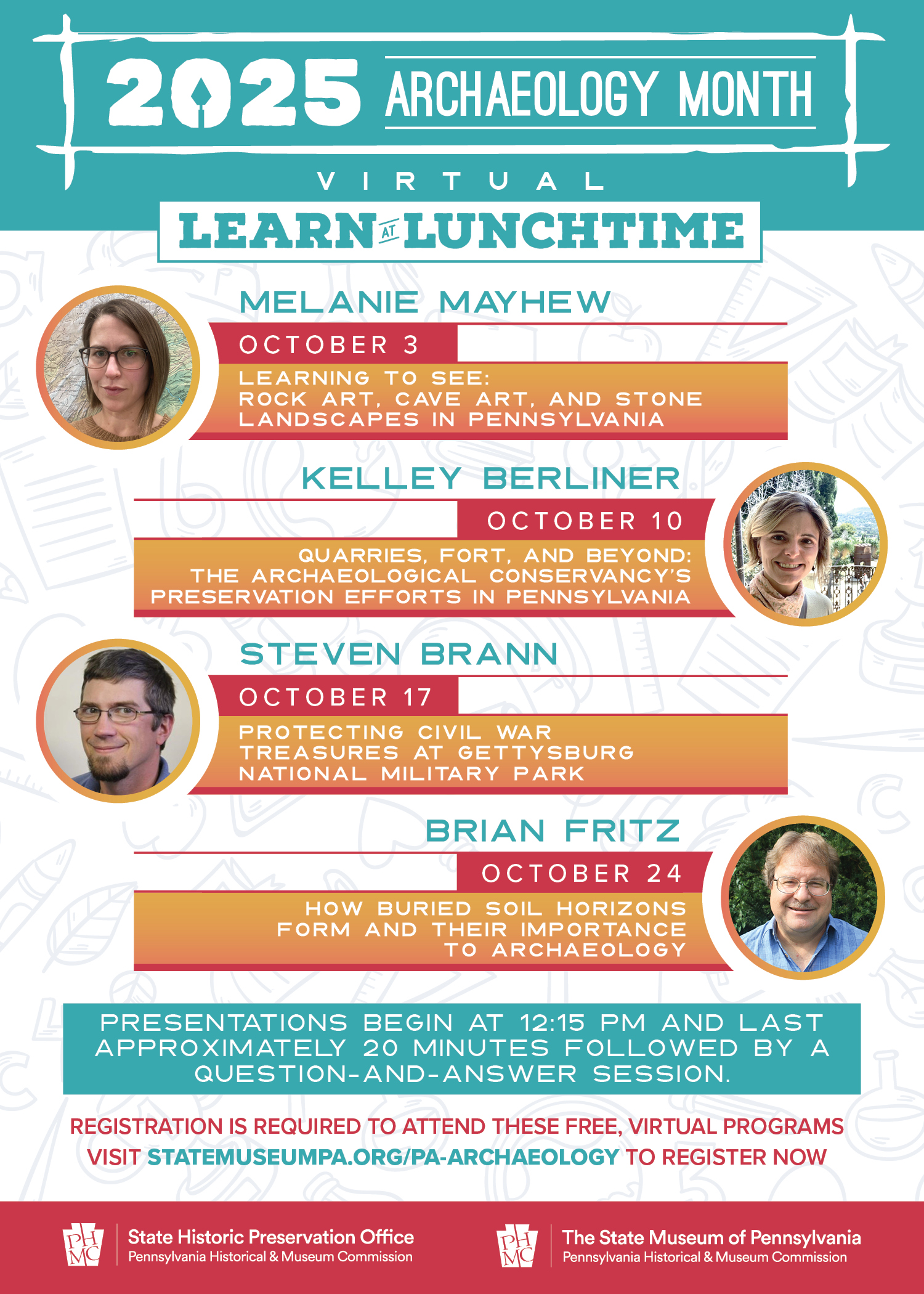 Colorful poster with four people and text about online workshops.