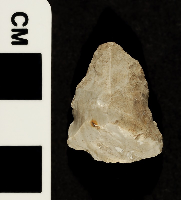 Small piece of stone shaped like a triangle next to a ruler on a black background.