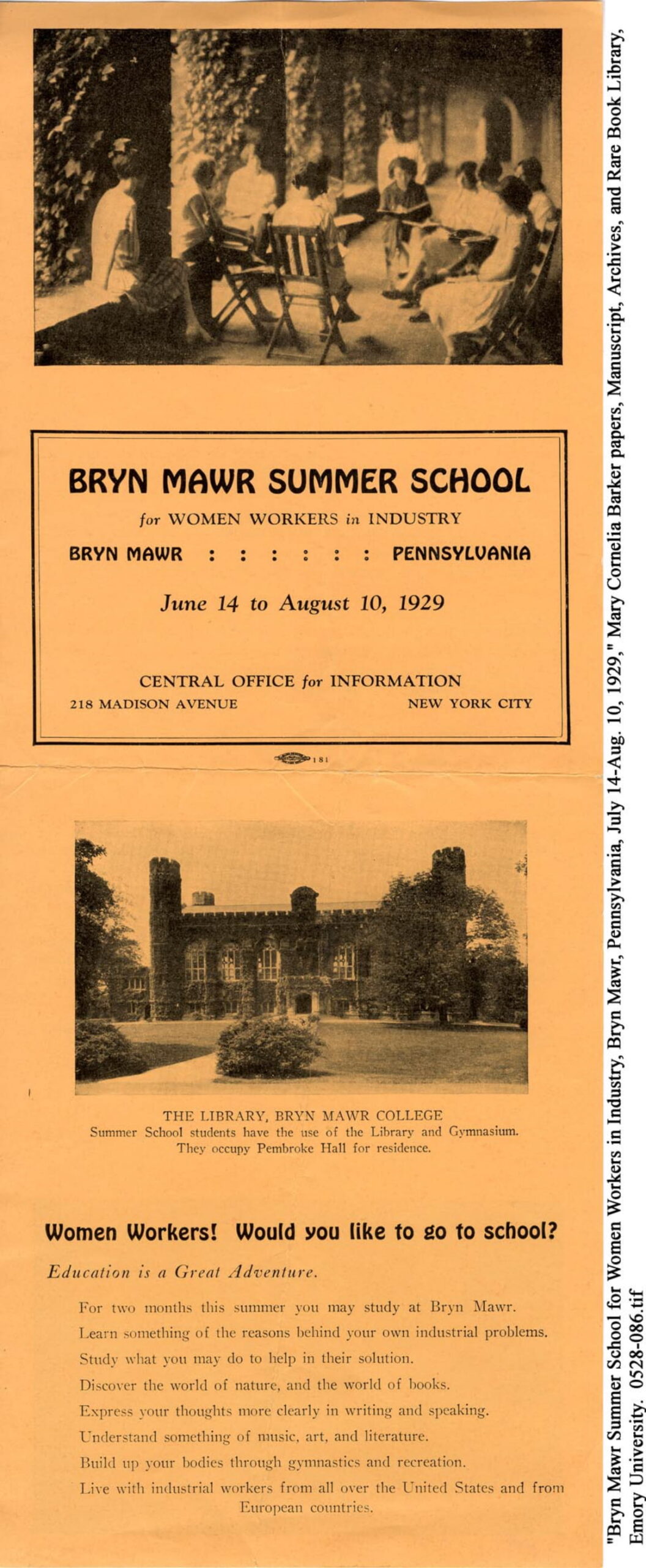 Folded orange paper with words and photographs.