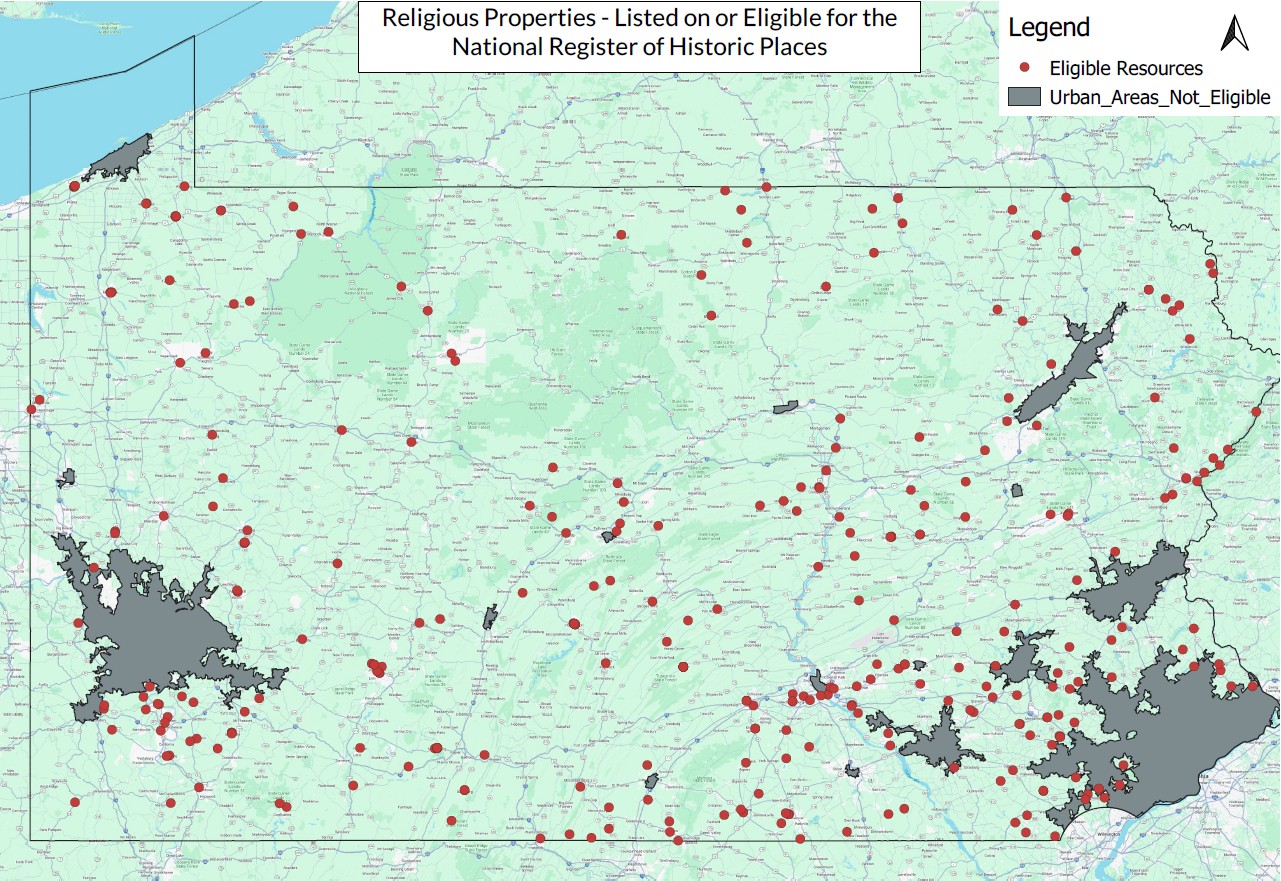 Map of Pennsylvania with gray areas and many red dots.